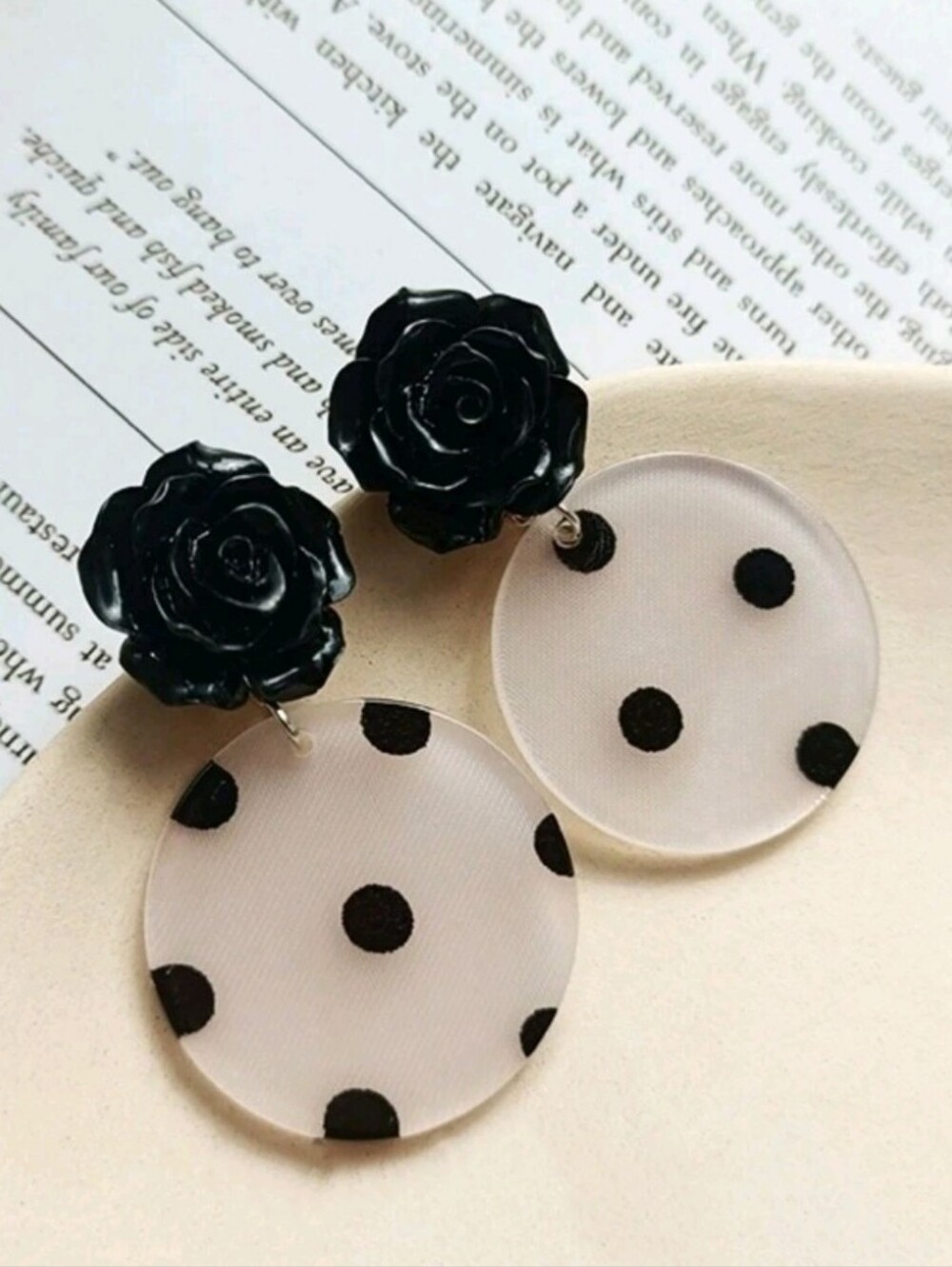 NEW! Chic Black Polka Dot Rose Silver Accents Drop Post Earrings
